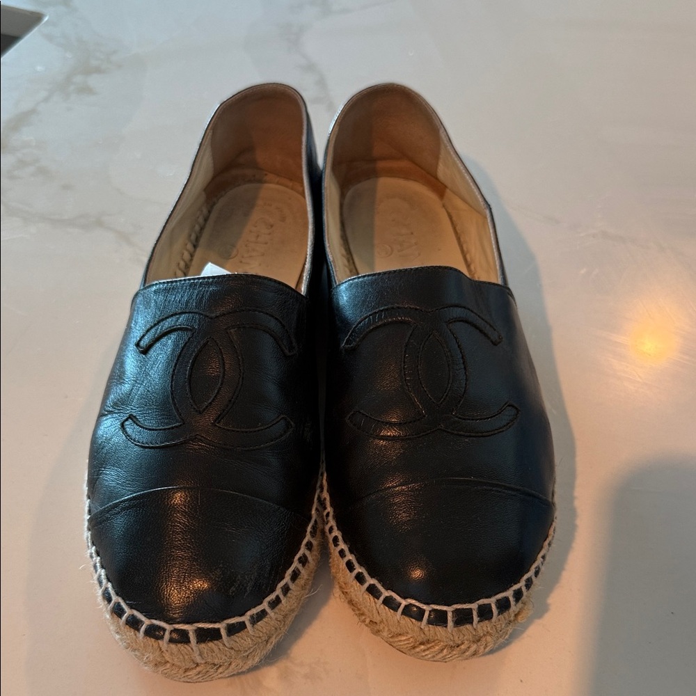 CHANEL Black Leather Espadrilles